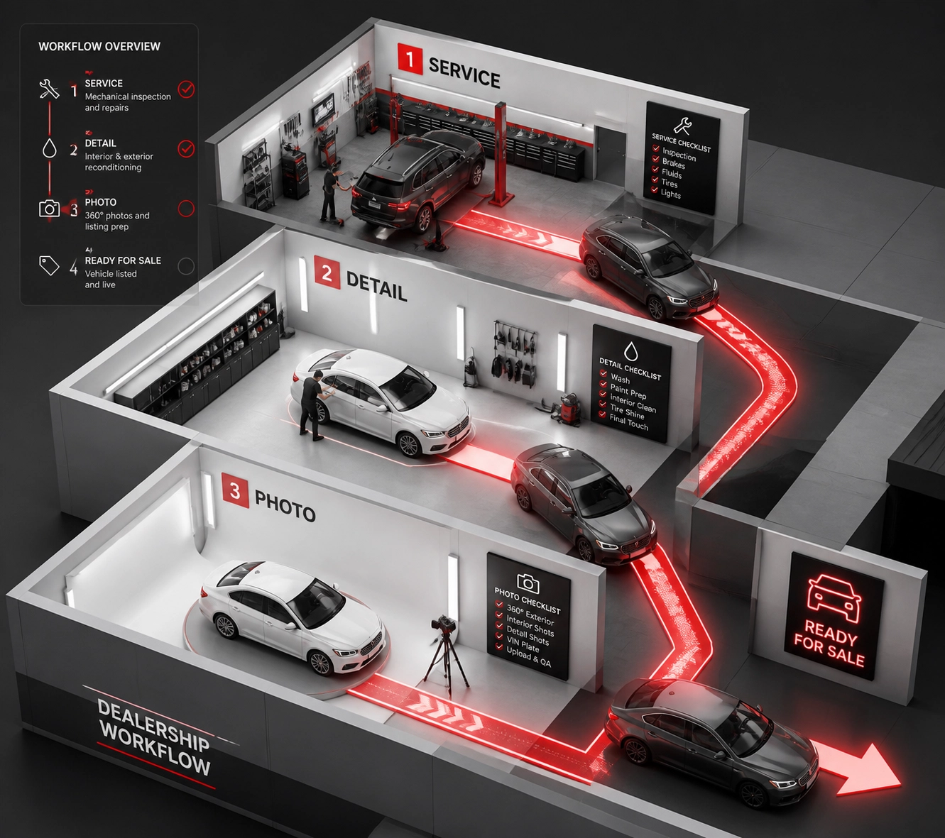 Visual workflow tracking used cars through service, detail, and photography for faster recon.