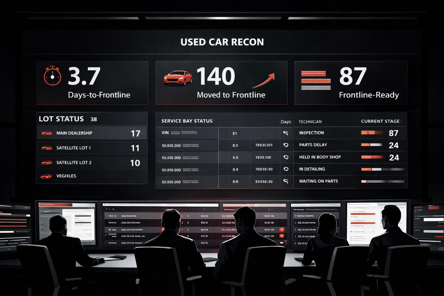 Digital dashboard showing real-time used car recon status across dealership lots and service departments.