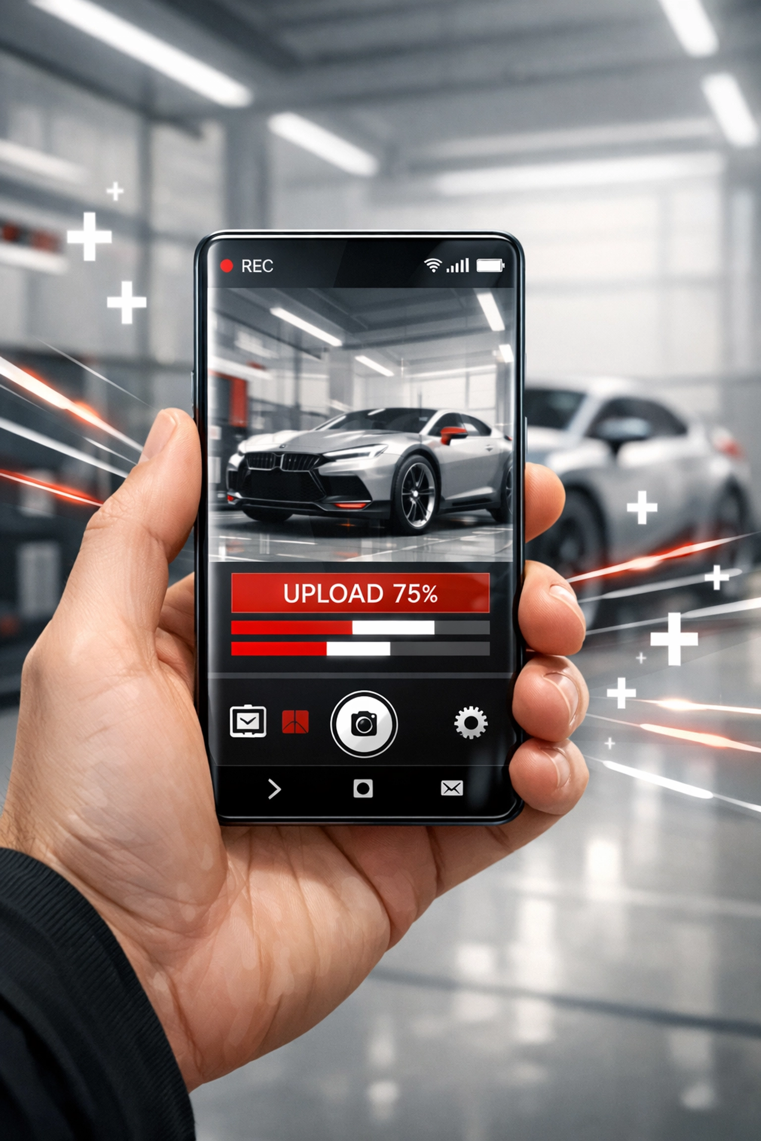 Technician using the FastTrack mobile app to update vehicle recon status in a service bay.