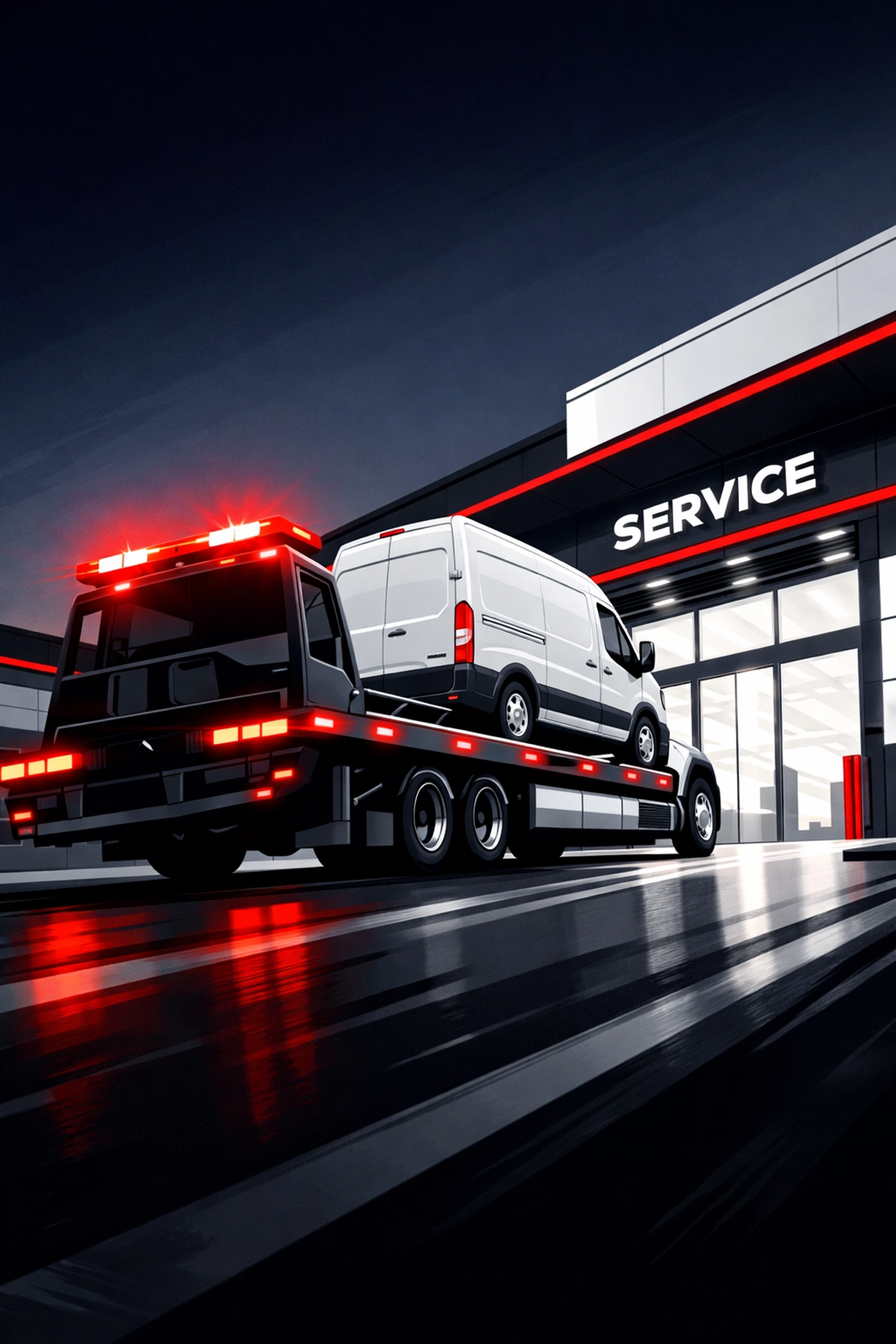 Tow truck transporting a Ford Transit van to a dealership for urgent safety recall repairs.