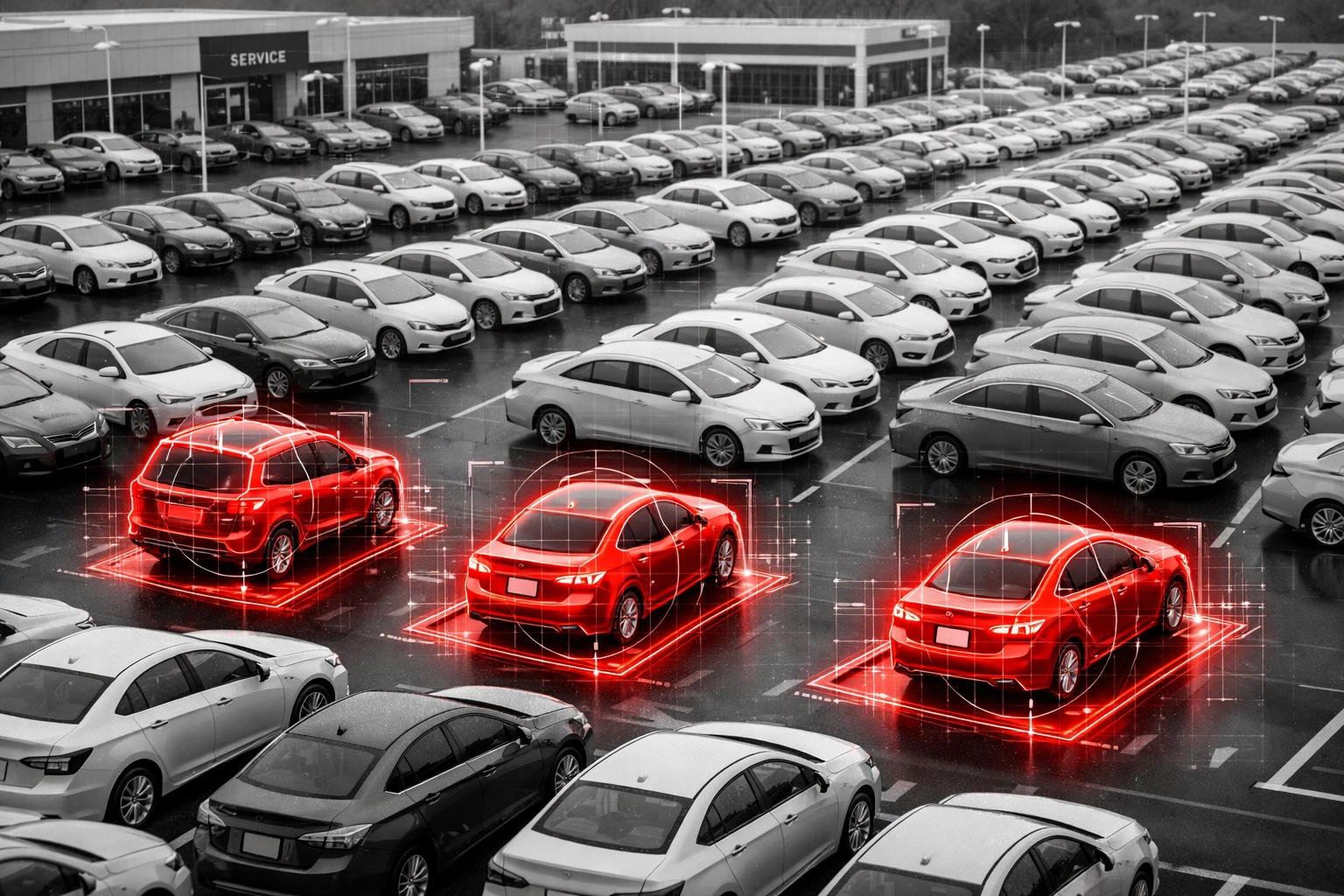 Dealership lot overview with specific vehicles highlighted in red to show automated inventory recall tracking.