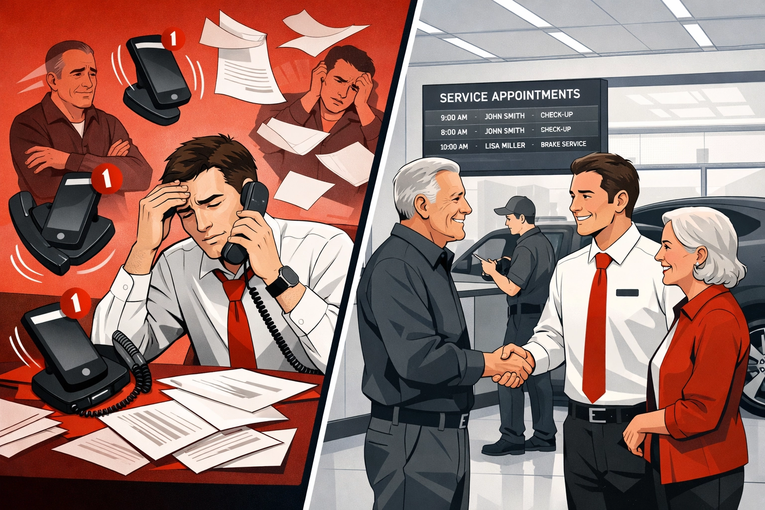 Dealership comparison: overwhelmed vs organized recall management with AI assistance